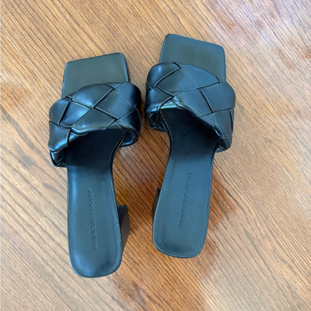 Black Woven Leather Slide Sandals